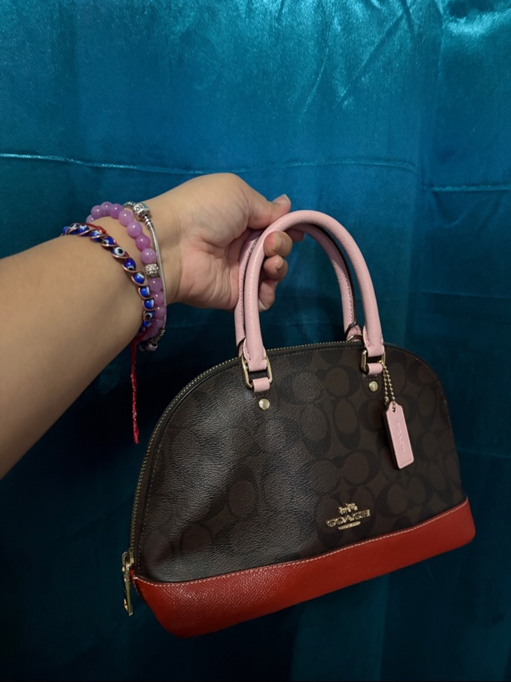 COACH mini sierra with Pink Handles & Red Trim EUC